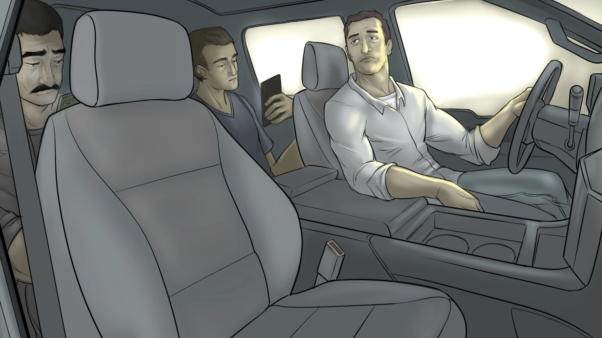 Inside the truck, the front passenger seat is conspicuously empty