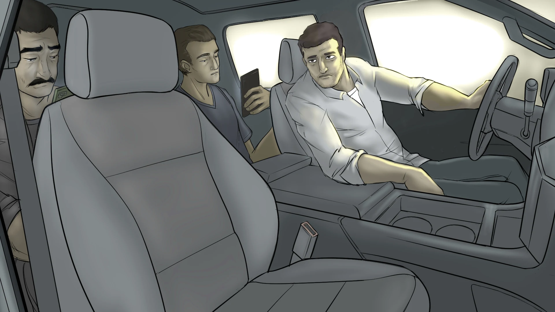 The driver leans toward the empty seat and looks toward the house