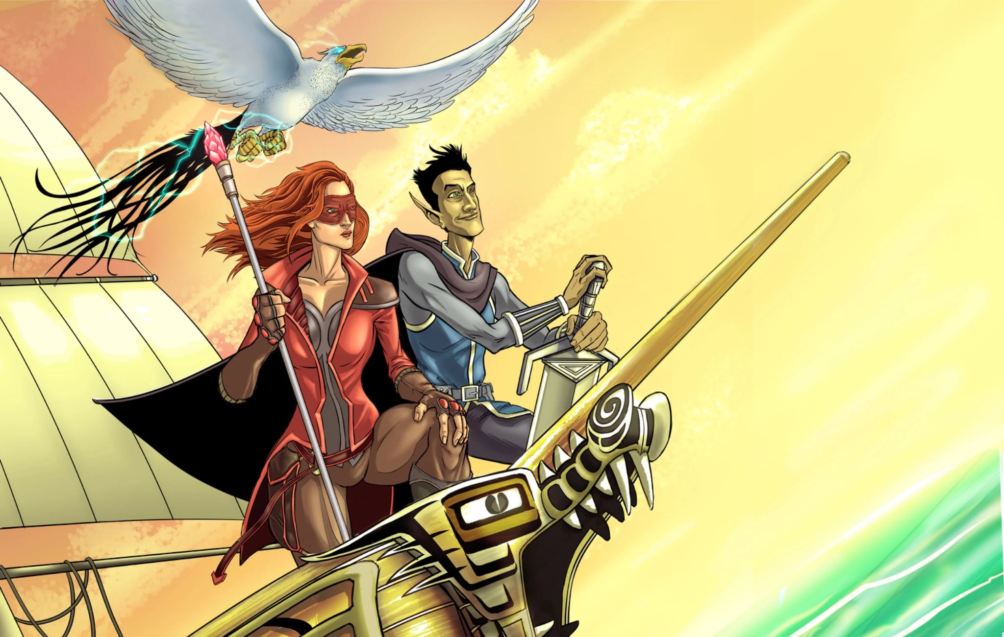 Red Whisper and Stirculius riding a carved ship beneath a thunderbird