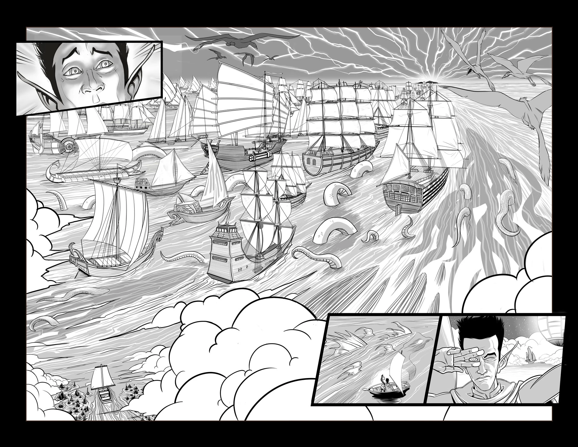 Comic spread showing a vast armada and sea creatures beneath a storm-filled sky