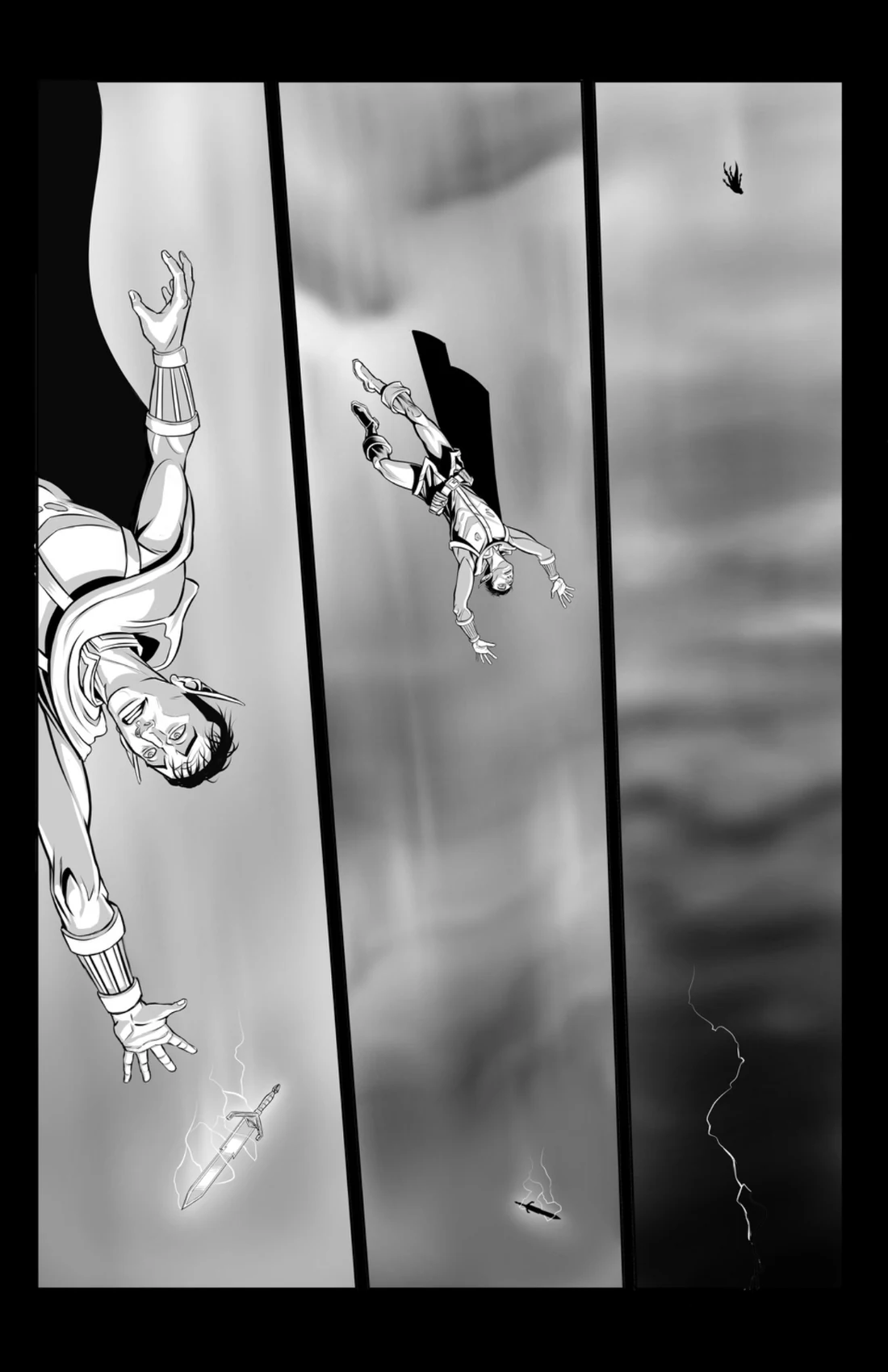 Stirculius falling through a storm after losing the magical sword