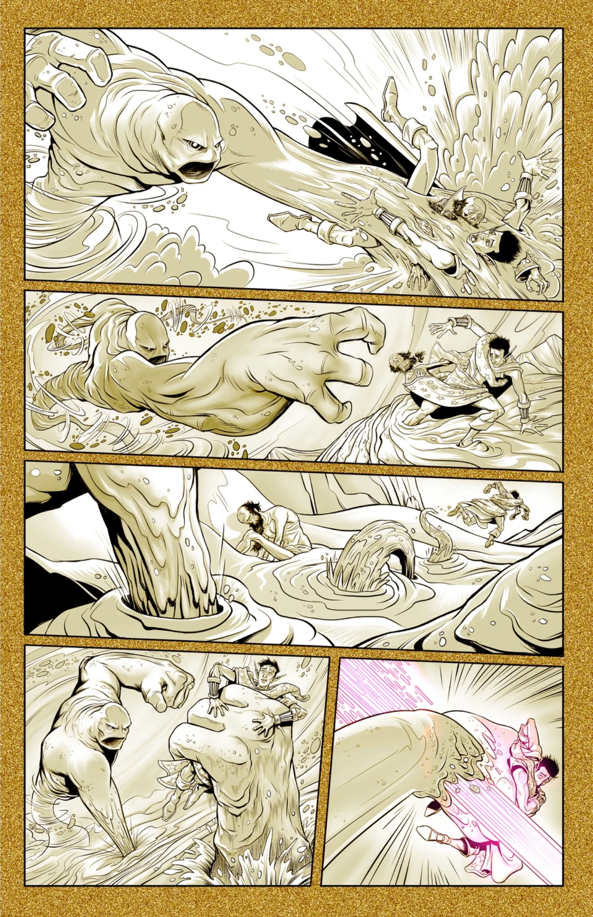 A sand creature attacks Stirculius and another traveler