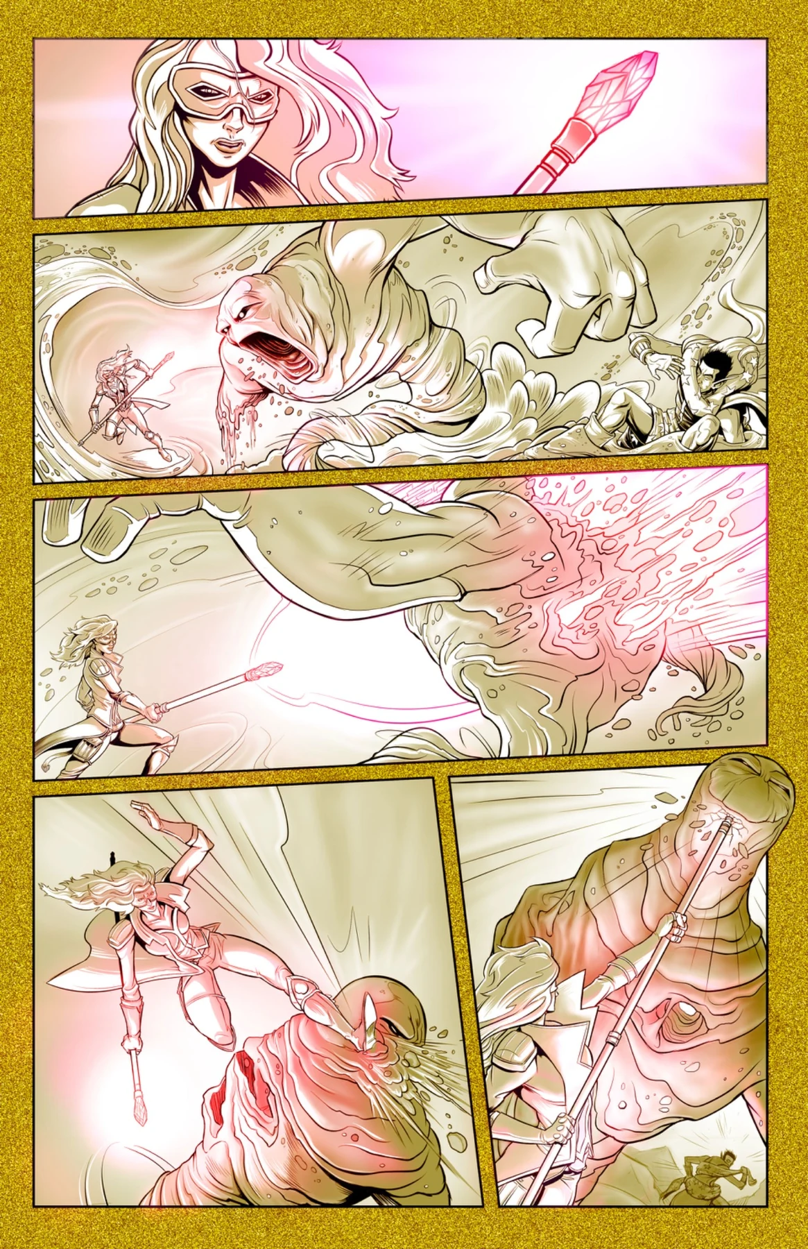 Red Whisper attacks the sand creature with a glowing spear