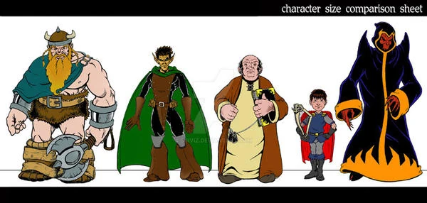 Early character size comparison showing Stirculius and the original fantasy animation ensemble