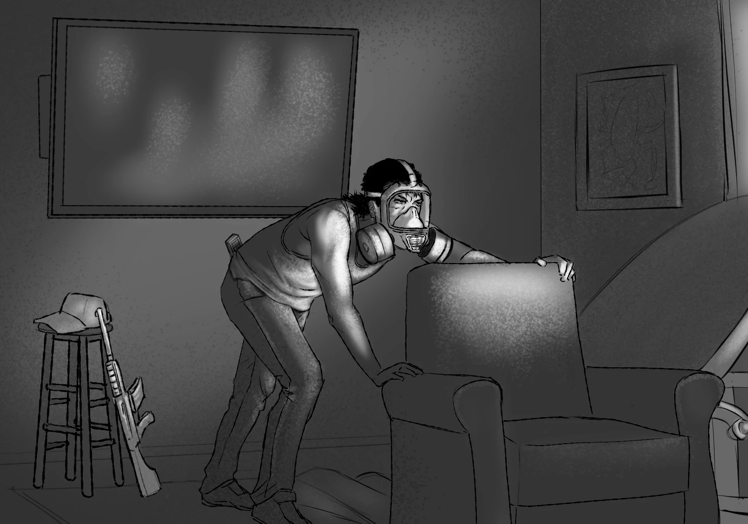 A man in protective gear moving a chair inside a darkened room