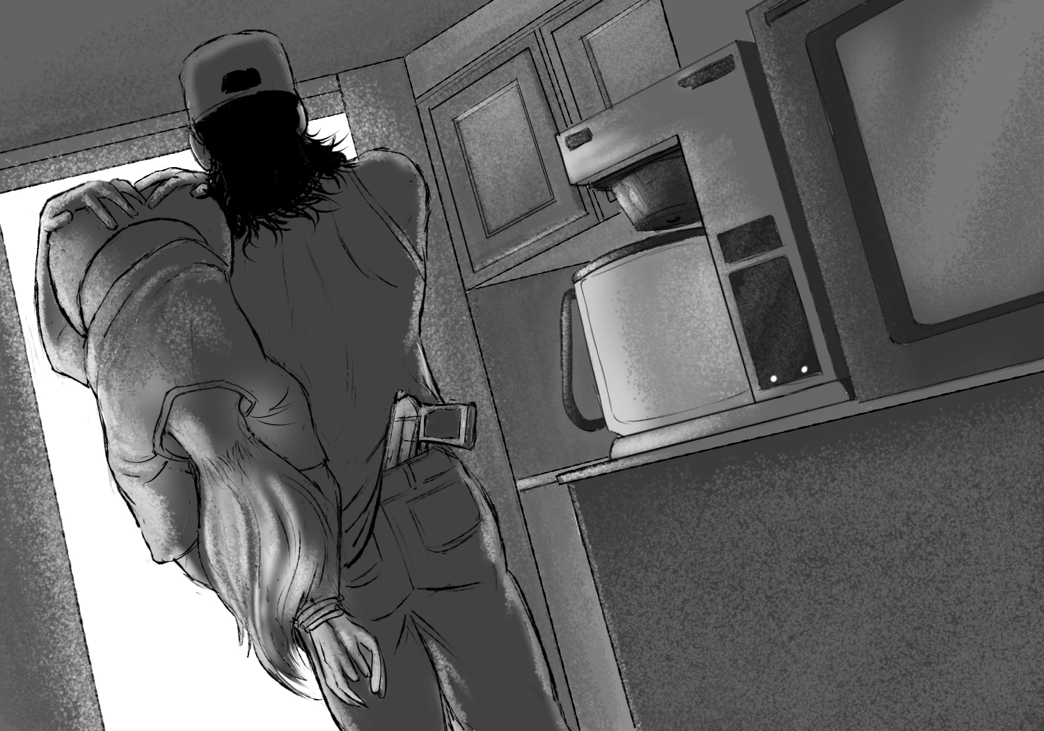 A man carrying an unconscious woman through a kitchen