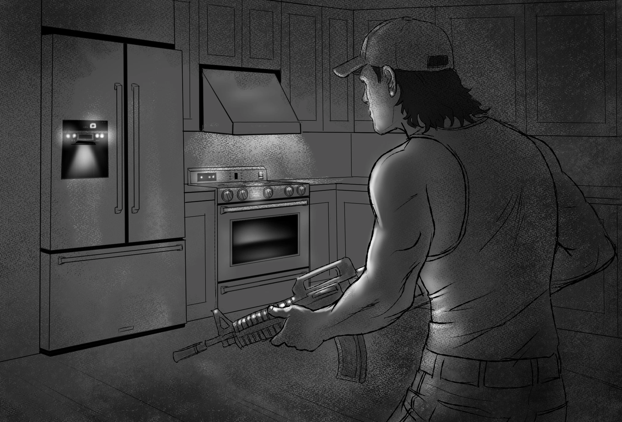 An armed man confronting a smart refrigerator in a dark kitchen