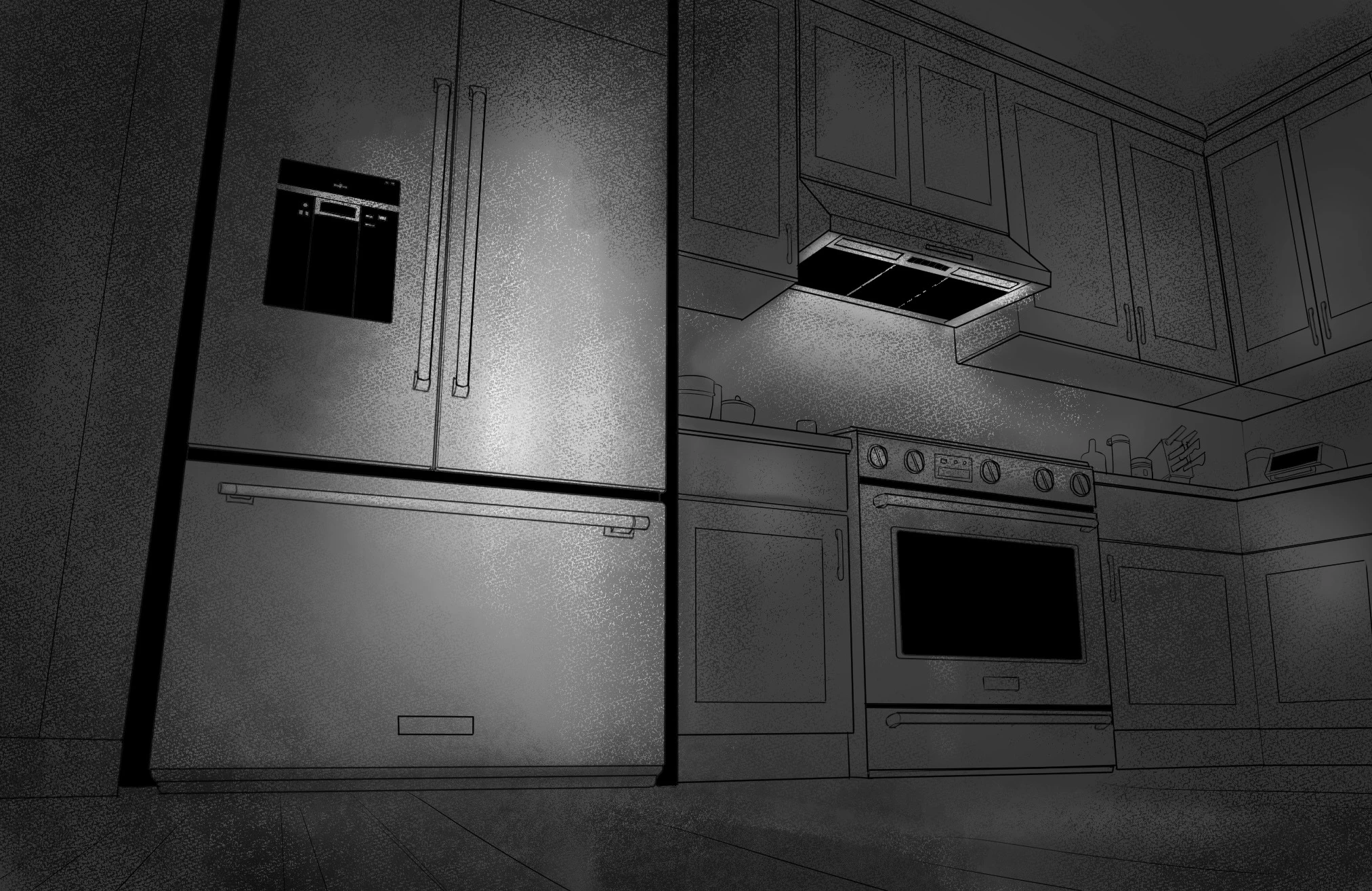 An empty smart kitchen at night with the refrigerator illuminated