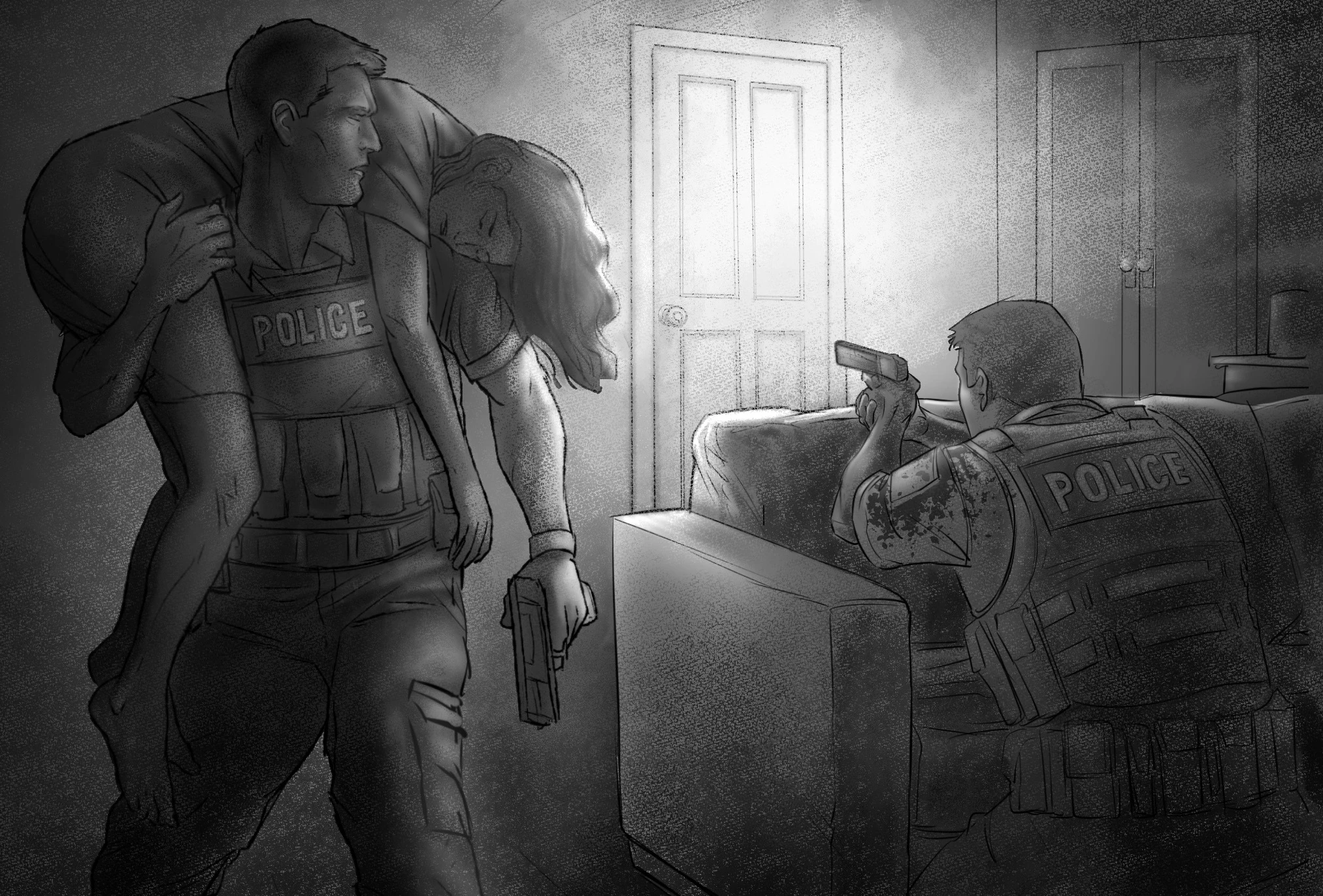 Police officers responding inside a home