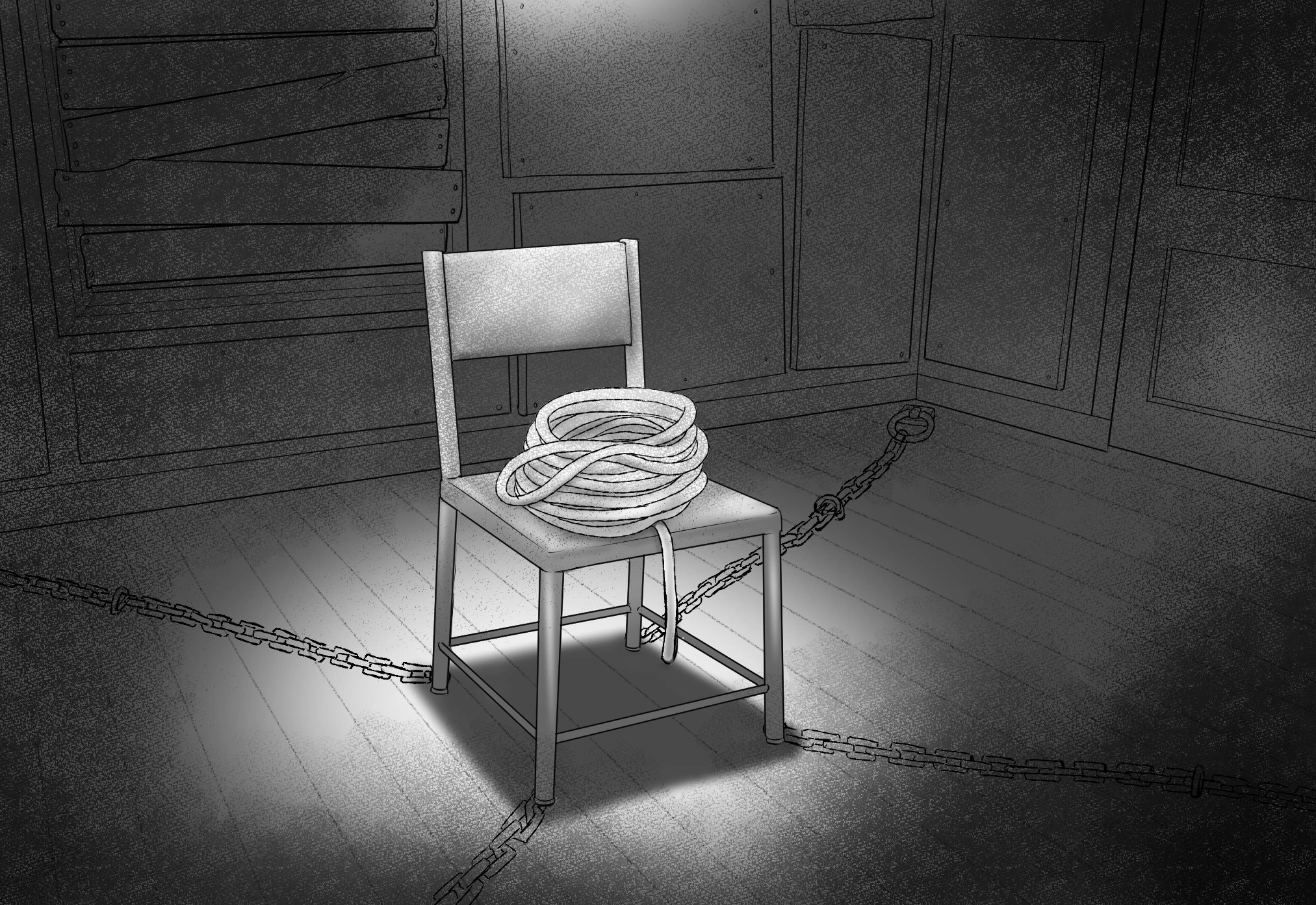 A chair, rope, and chains arranged inside a dark kitchen