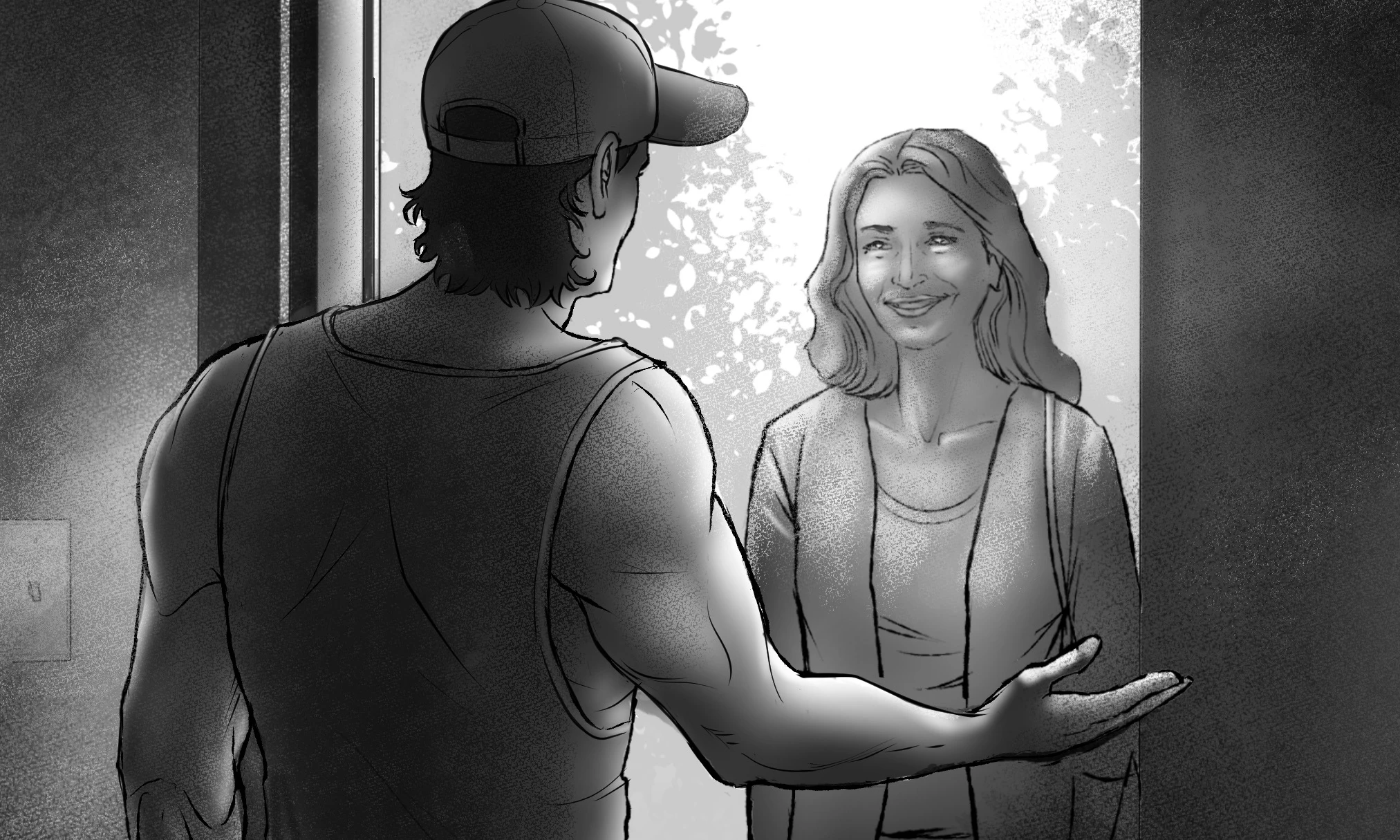 A man greeting a woman at the doorway of a home