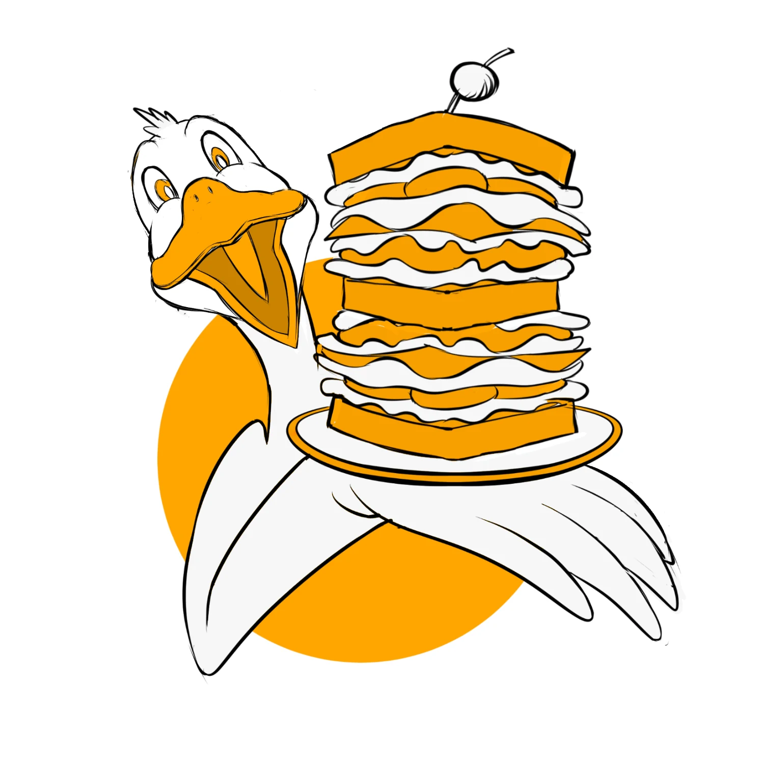 The Big Eater goose mascot holding a towering sandwich