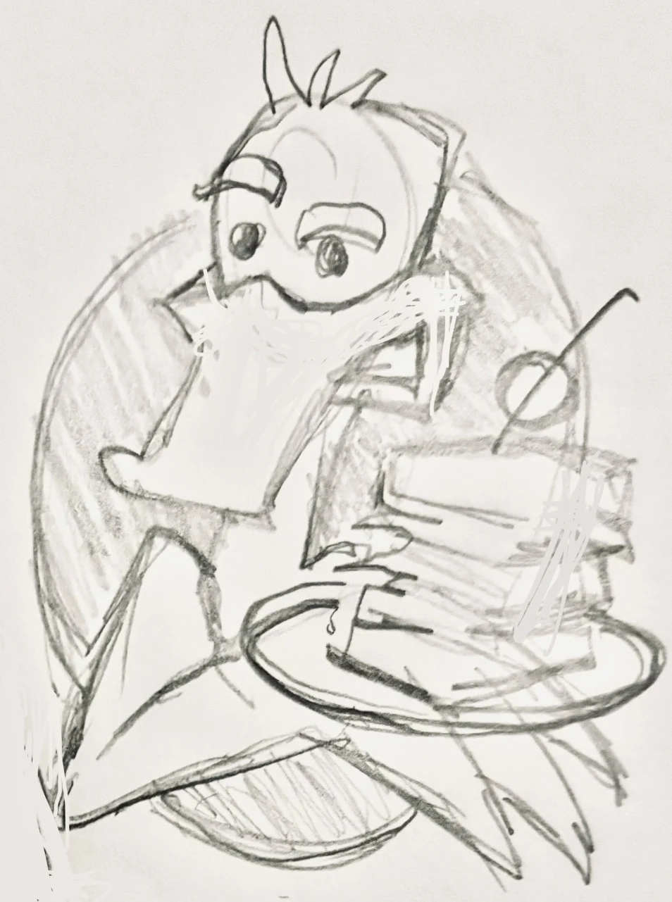 Early pencil sketch exploring the Silly Goose mascot and sandwich
