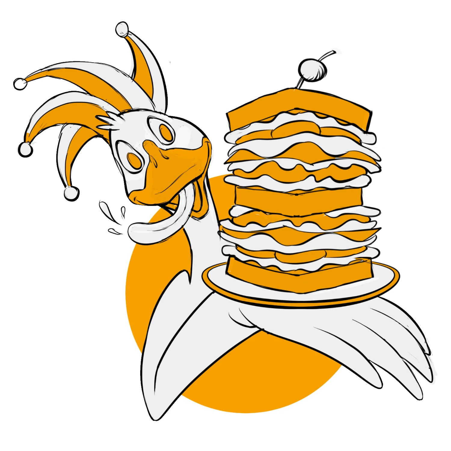 Jester goose mascot concept with a tall sandwich