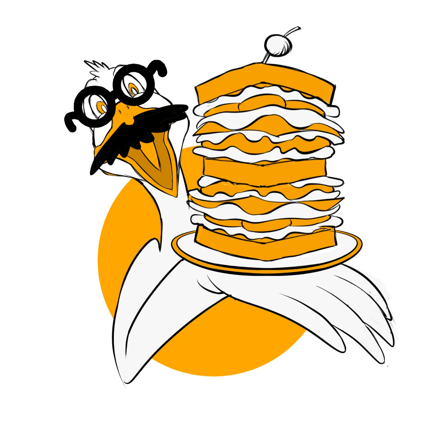 Mustachioed goose mascot concept with a tall sandwich