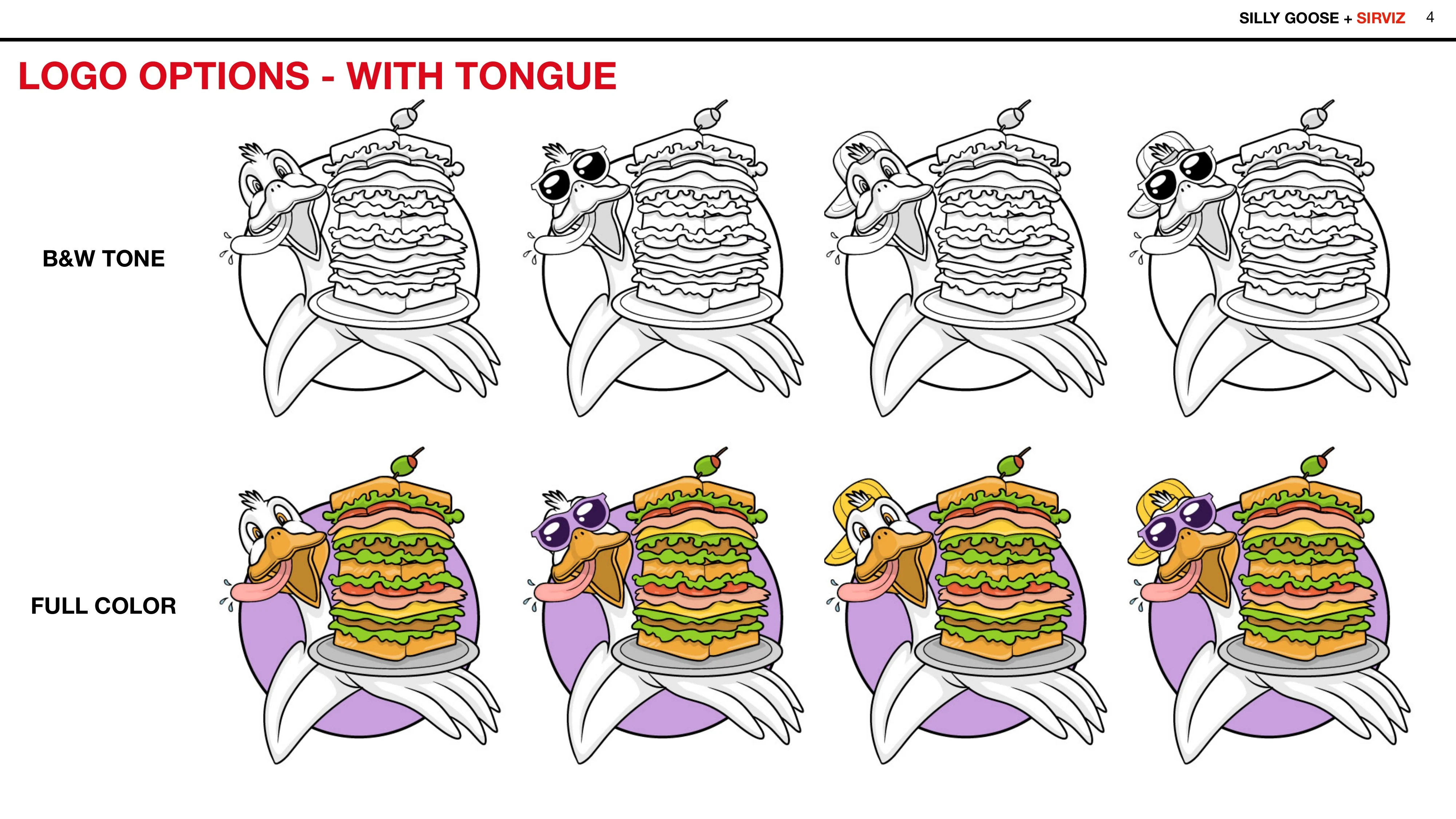 Final review grid comparing Silly Goose mascot options with hats, sunglasses, tongue, and color treatments