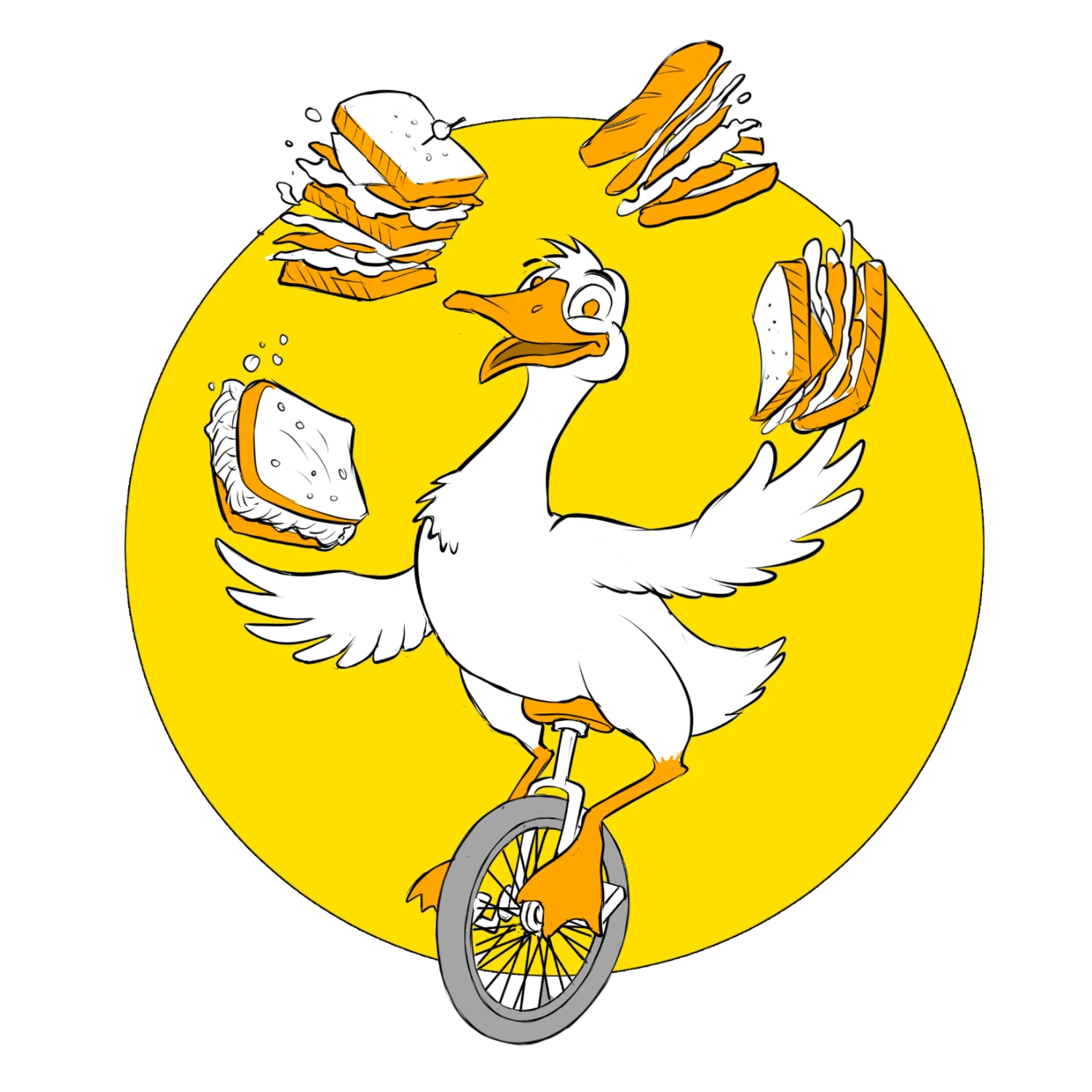 Goose juggling sandwiches on a unicycle