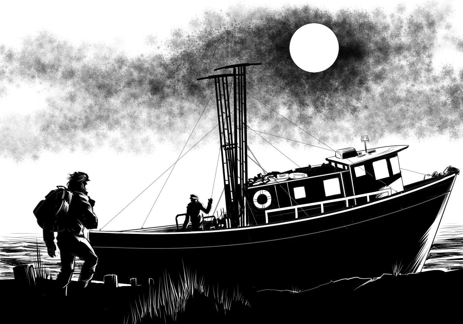 A figure approaching a fishing boat beneath a full moon