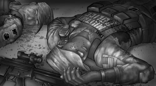 A fallen tactical officer illuminated in darkness