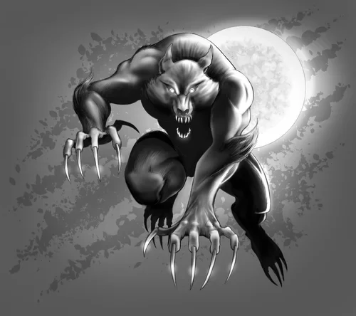Finished werewolf creature illustration framed by a full moon