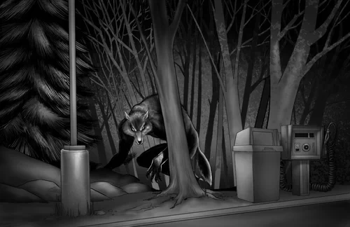 A werewolf emerging from a dark forest beside an isolated service station
